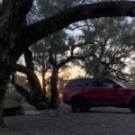 Range Rover Sport and swag at sunset on the Darling River.