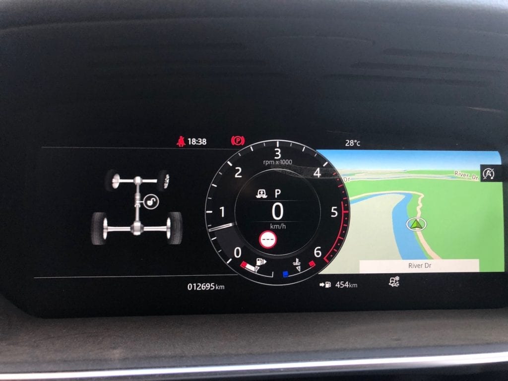 The Range Rover Sport's in-dash display shows all the information you need when 4WDing.