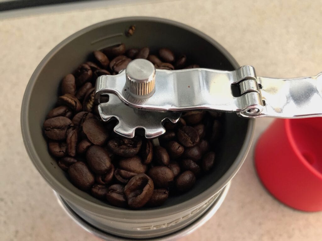 The Cafflano Klassic camping coffee maker. The grinder's easily adjustable for a finer or coarser grind.