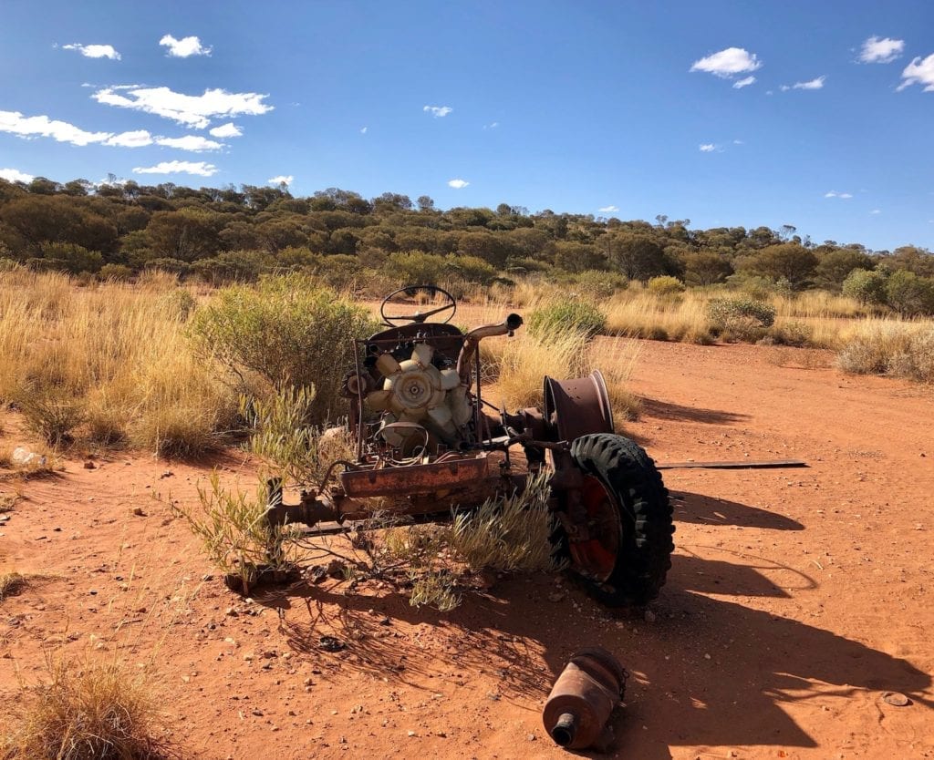 The old tractor at Yarla-Kutjarra campground. Great Central Road Camping.