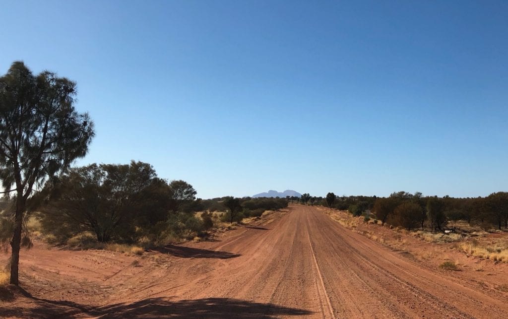 Driving towards Kata Tjuta on the Great Central Road.