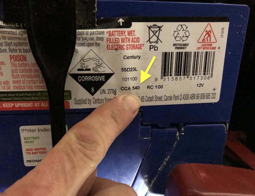 The cold cranking amps (CCA) rating of a typical car battery.