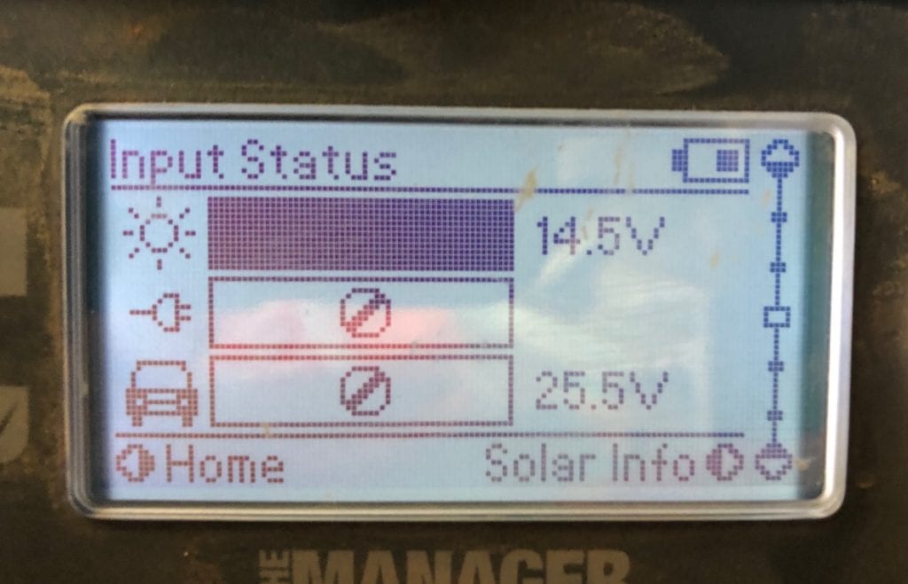 REDARC battery monitor showing how much voltage our solar blanket is putting into the system.