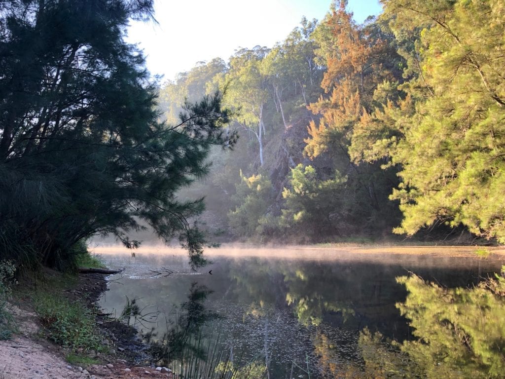 Morning mist on Deua River, Dry Creek Camping Area. Bush camping near Canberra.