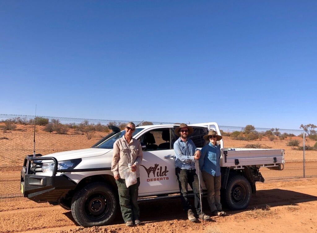 Peta, Tom H. and Lucy in the field at Wild Deserts. Australian marsupials.