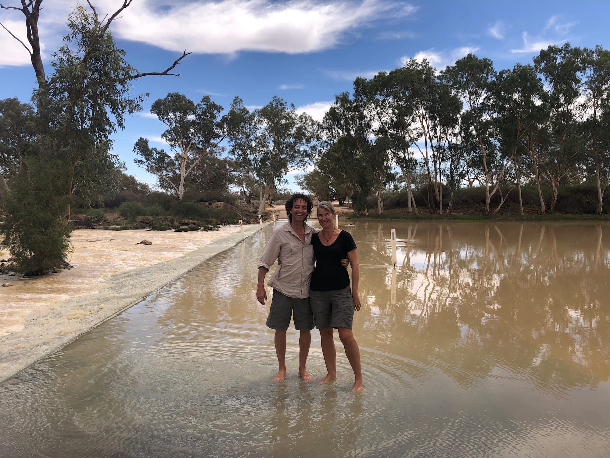 Standing on the causeway at Innamincka in the Cooper Creek floodwaters, April 2019.