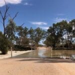 Cooper Creek flood 2019, flowing over Innamincka Causeway.