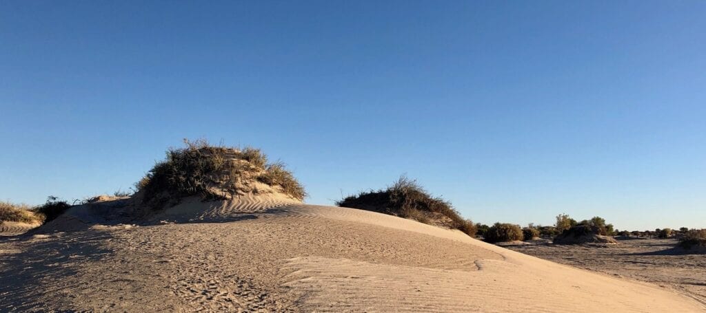 The strange sand mounds at Montecollina Bore, covered in fine wind-blown white sand.