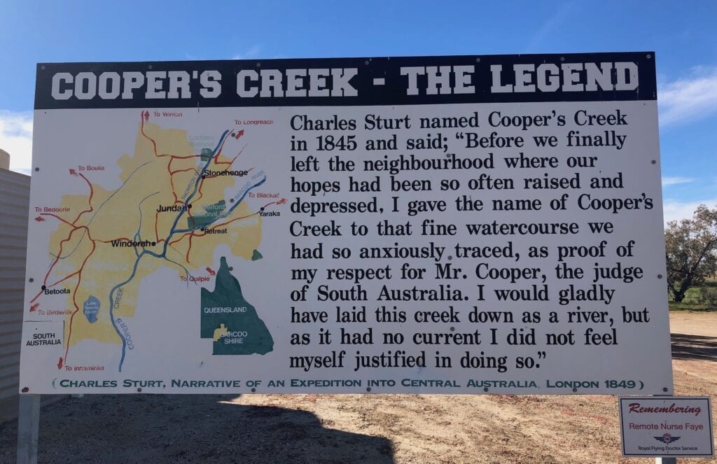 A sign at the crossing near Windorah, explaining why it is called a creek, not a river. Cooper Creek QLD.