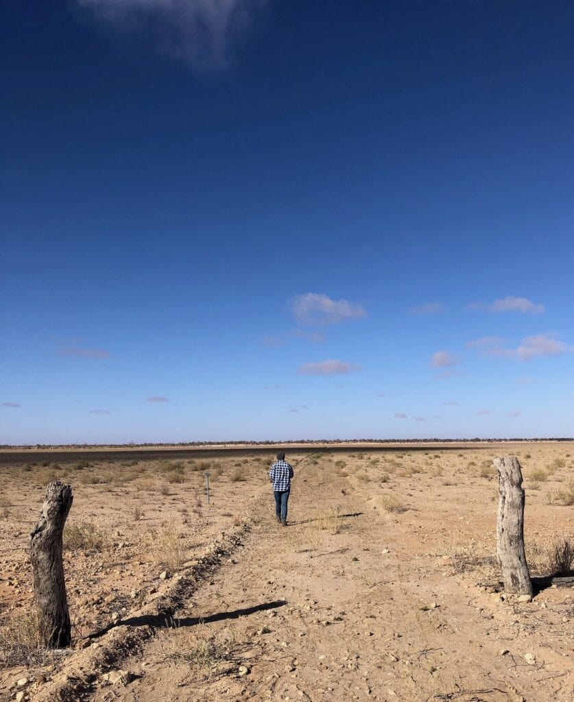 Walking out to Sturt's Tree, the supposed site of Fort Grey. Lake Pinaroo, Sturt National Park NSW.