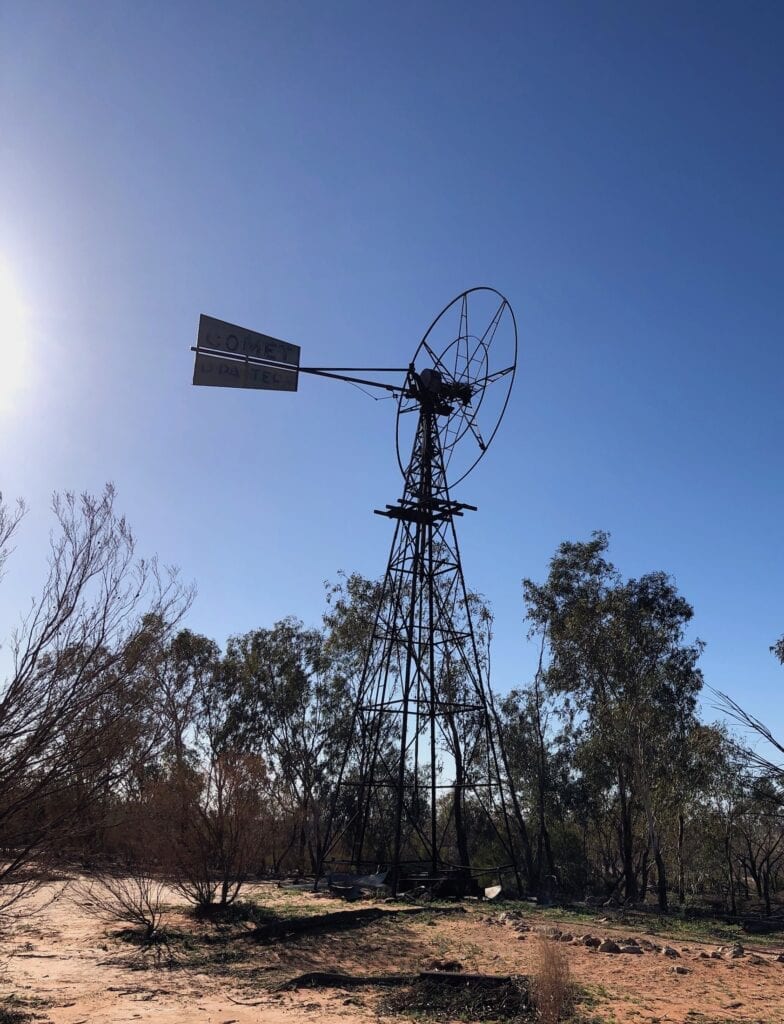 Windmill at Old Fort Grey Homestead. Lake Pinaroo, Sturt National Park NSW.