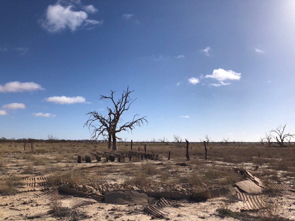 Reamins of water tank and crutching shed. Lake Pinaroo, Sturt National Park NSW.