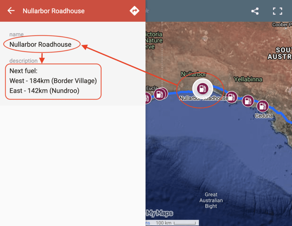 Screenshot showing how to use our interactive map of fuel stops across the Nullarbor.