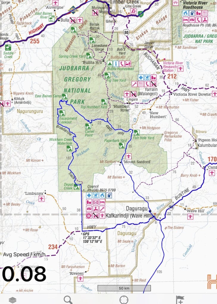 A screenshot from the Hema Maps app of our trip through Judbarra / Gregory National Park.