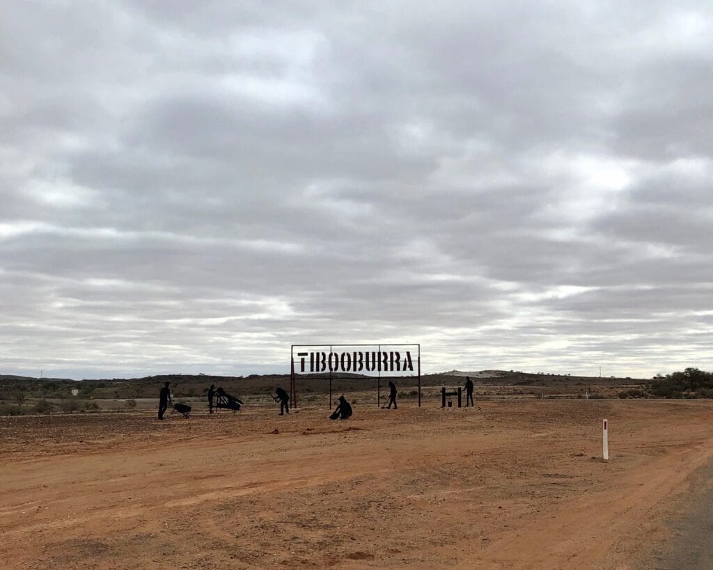 The impressive entrance to Tibooburra coming from the east on The Cut Line. The sign and miners are cut from rusty steel and are an impressive sight.