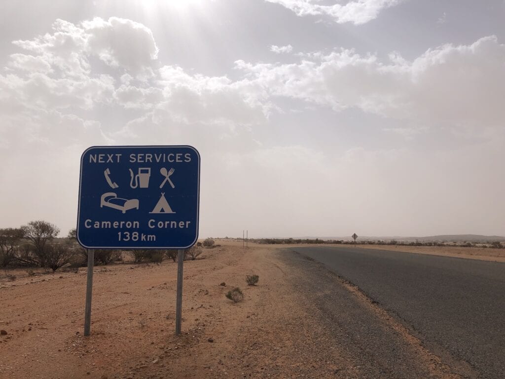 This sign at the Tibooburra end of  the Cameron Corner Road shows fuel, camping and other services in 138km. Australia's outback.