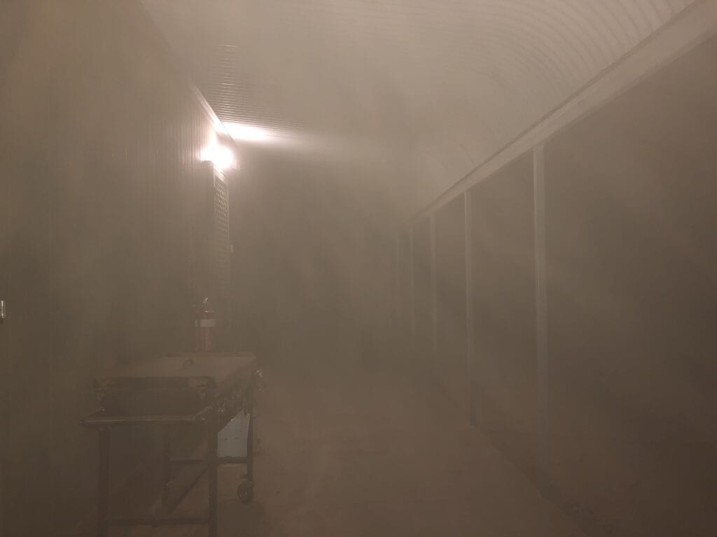 Thick choking dust outside out hut during the large dust storm at Fort Grey, Sturt National Park NSW.