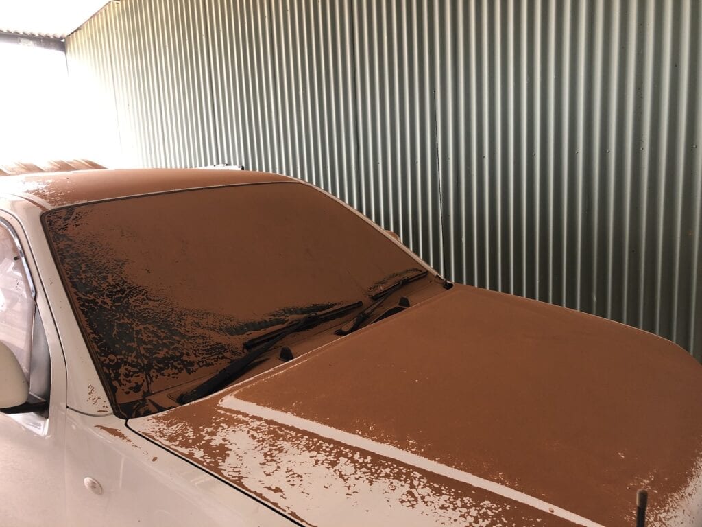 Even vehicles under cover didn't escape a thick coating of sand and dust from the dust storm. Fort Grey, Sturt National Park NSW,