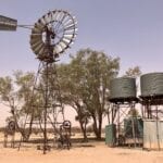 Water tanks and old windmill at Fort Grey Homestead, Sturt National Park NSW.