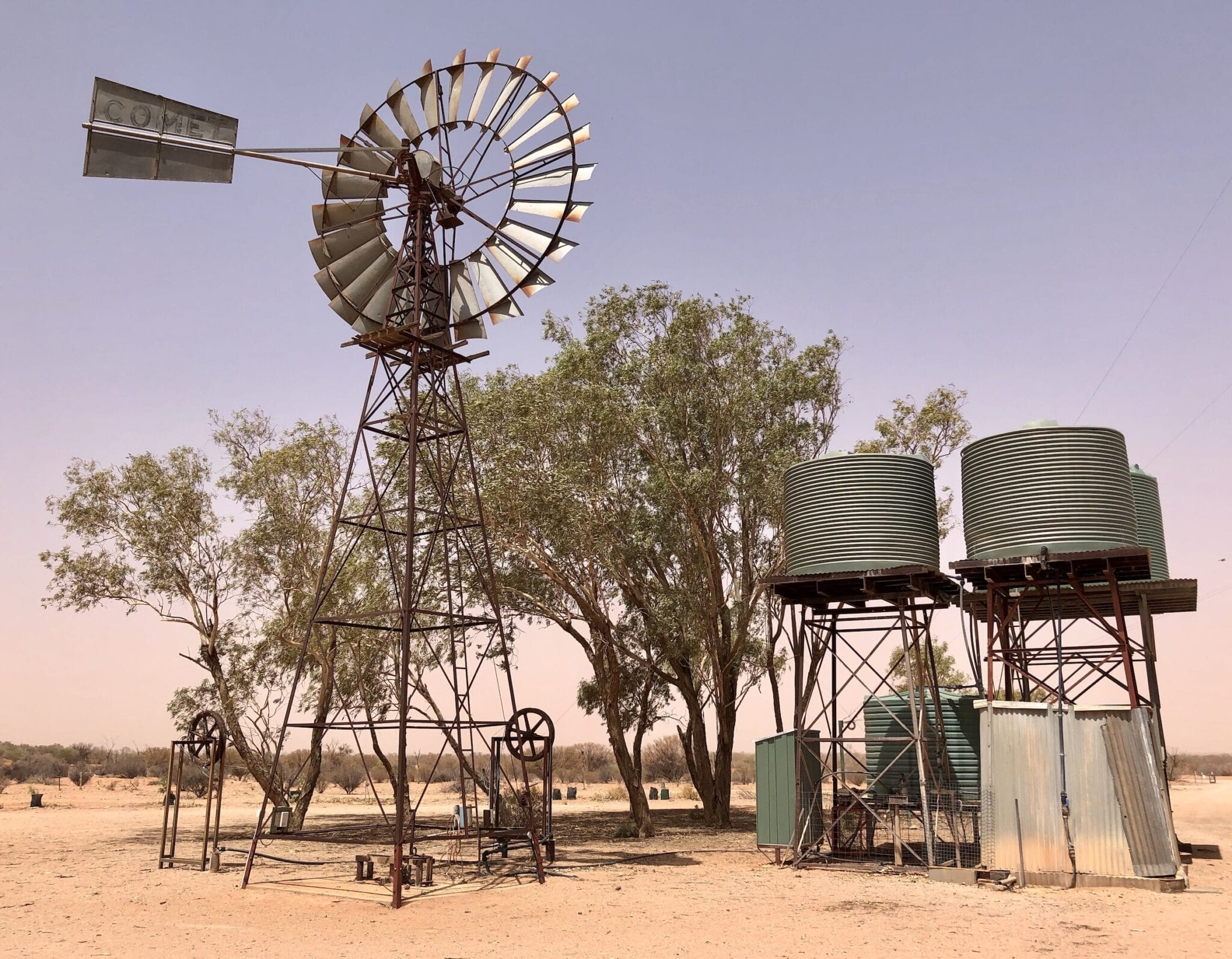 Water tanks and old windmill at Fort Grey Homestead, Sturt National Park NSW.