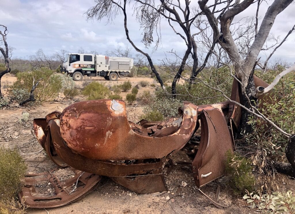 The old car wreck on the side of the Old Eyre Highway. Nullarbor Plain, SA.