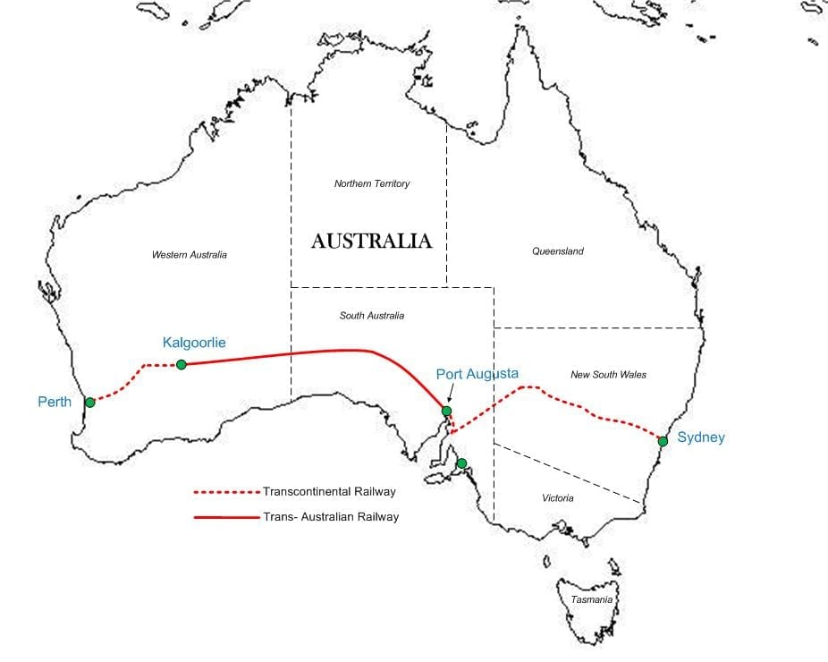 Map of the Trans Australian Railway.