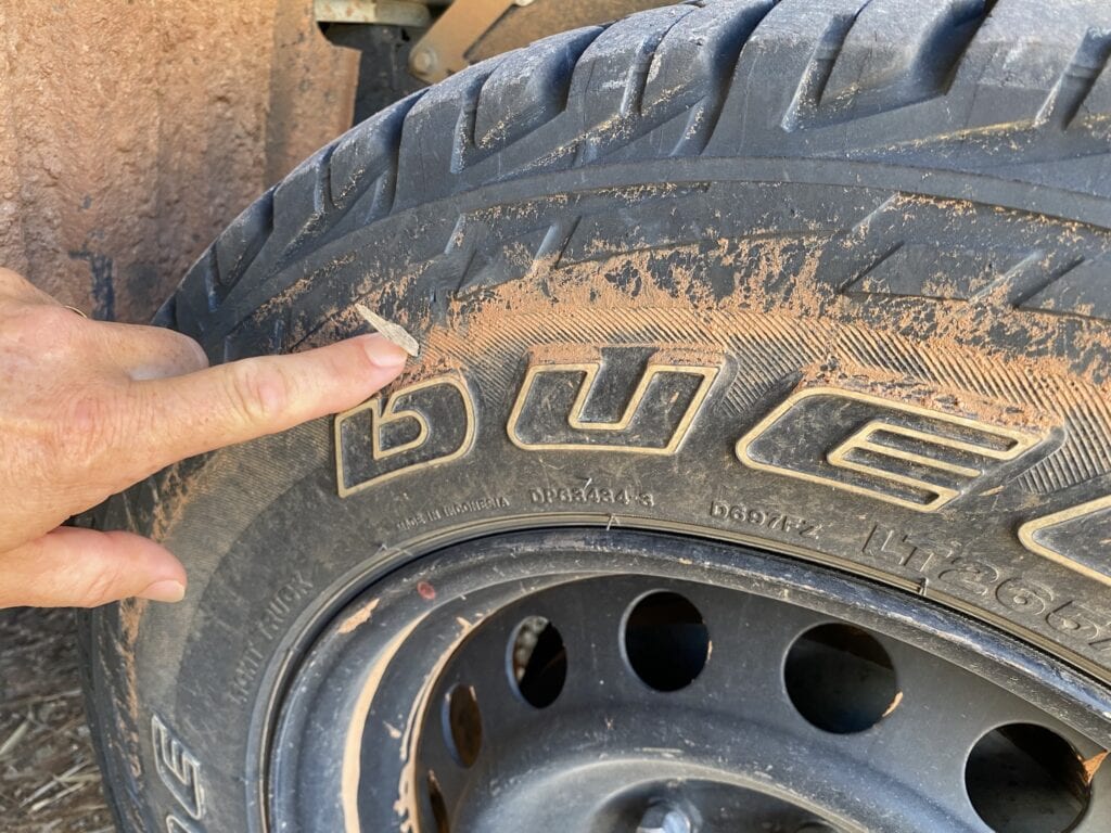 A trye with a stake in the sidewall. This definitely should not be repaired with a tyre plug.