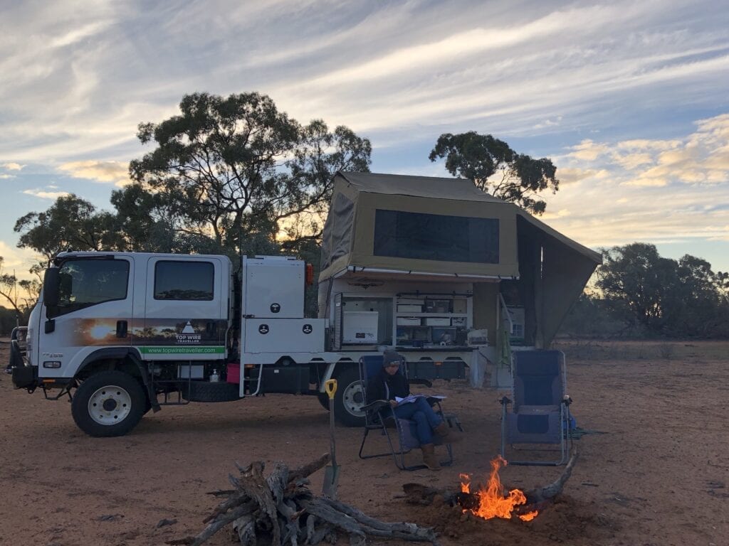 Our Wedgetail slide on camper set up in the outback.