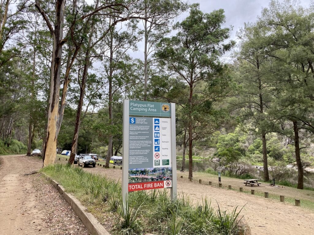 When the Total Fire Ban sign is up, this means no fires. Platypus Flat campground, Nymboi Binderay National Park, NSW.