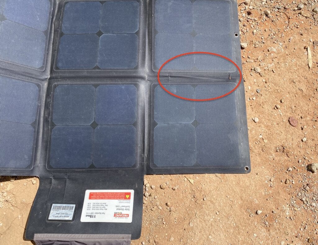 Showing where the cables get damaged due to constant folding and unfolding. REDARC solar blanket.