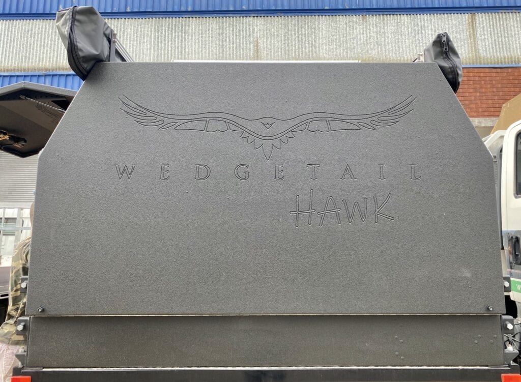 The rear panel of a Wedgetail Hawk ute canopy camper.