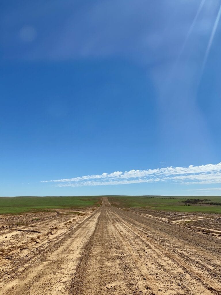 The southern end of Arrabury Road in SW QLD. Wide open rocky plains, with a rare covering of green grass.