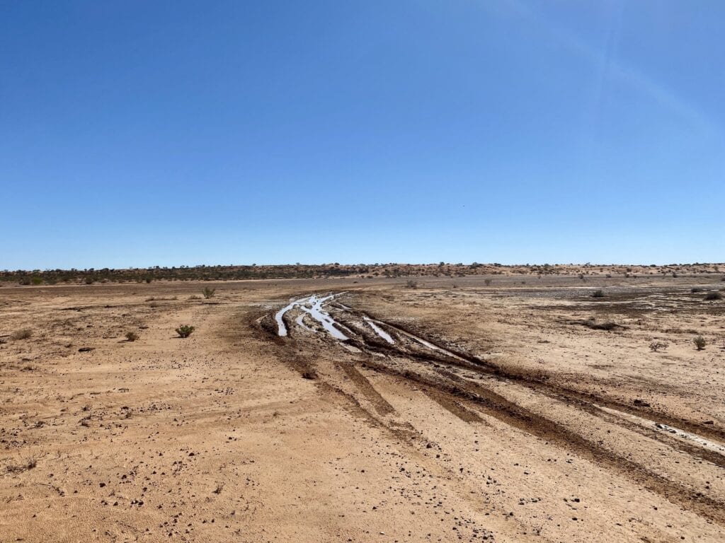 The boggy Haddon Corner track between the two large sand dunes.