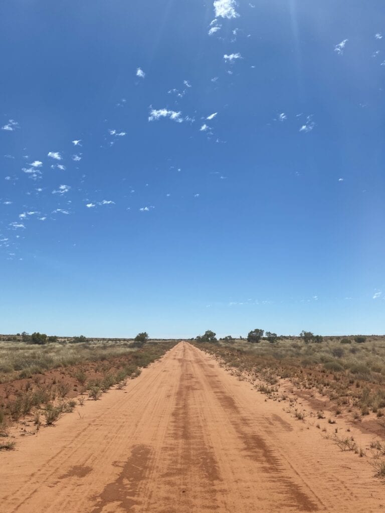 Arrabury Road in SW Queensland narrows down to a sandy one lane road in places.