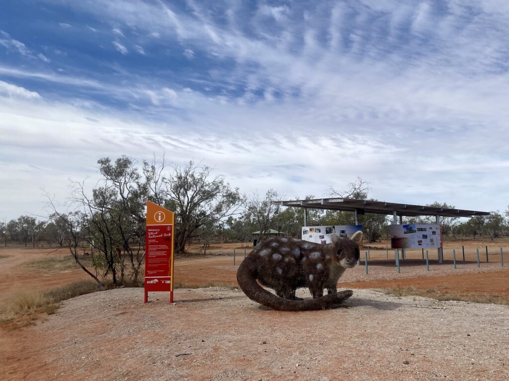 Quoll wire sculpture at Fort Grey Campground, Sturt National Park NSW.