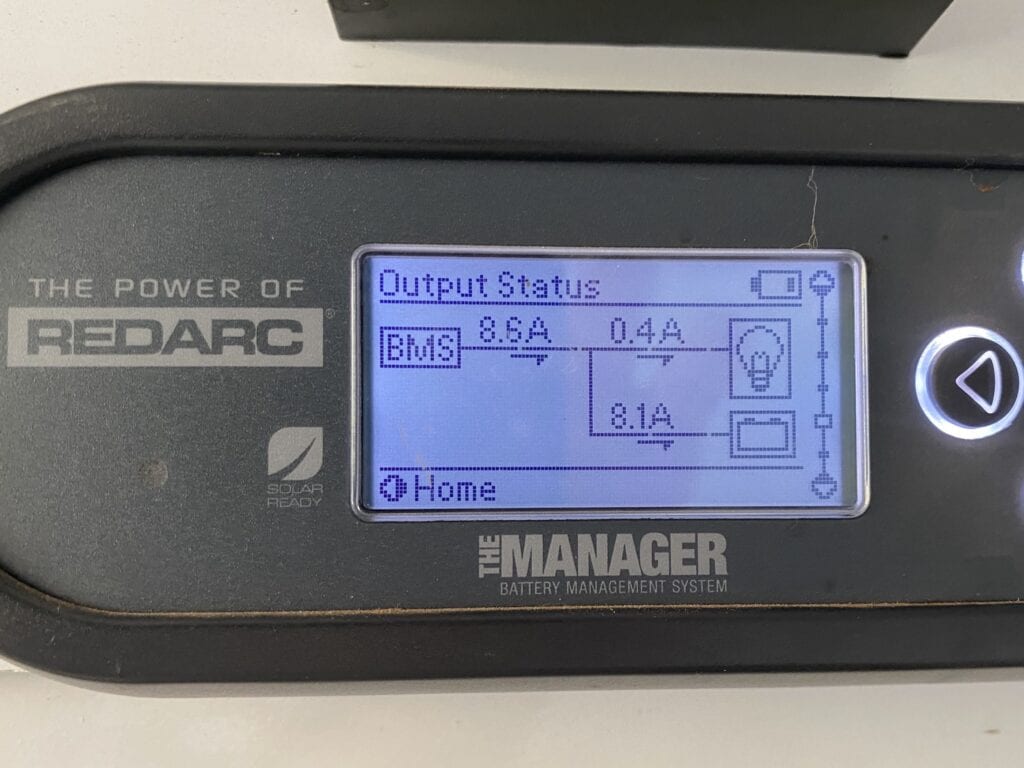 REDARC battery monitor showing input current from a 112W amorphous solar blanket.