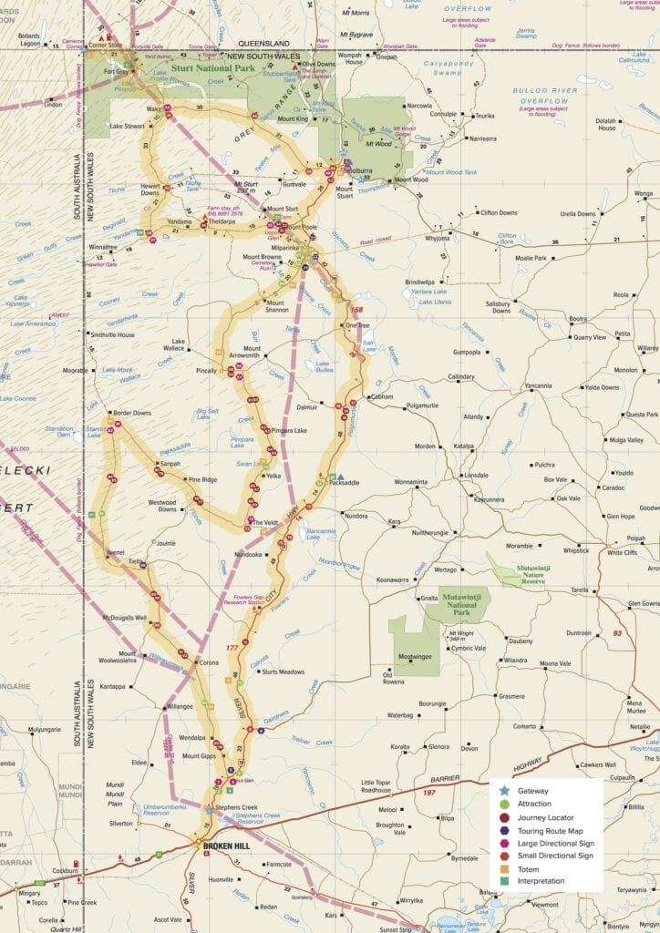 Map of the proposed Sturt's Steps tourist route in Corner Country NSW.