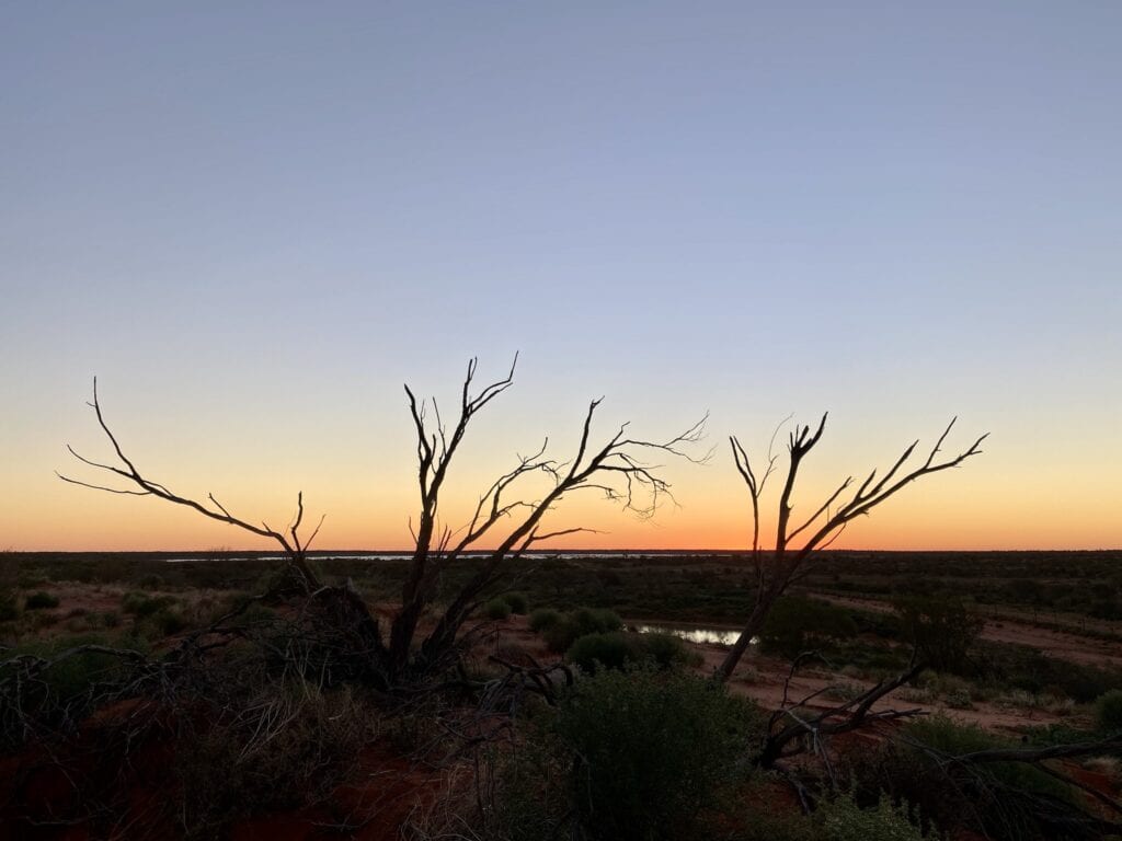 Sunset looking west towards QLD and SA from the Wild Deserts viewing platform at Sturt National Park, NSW.