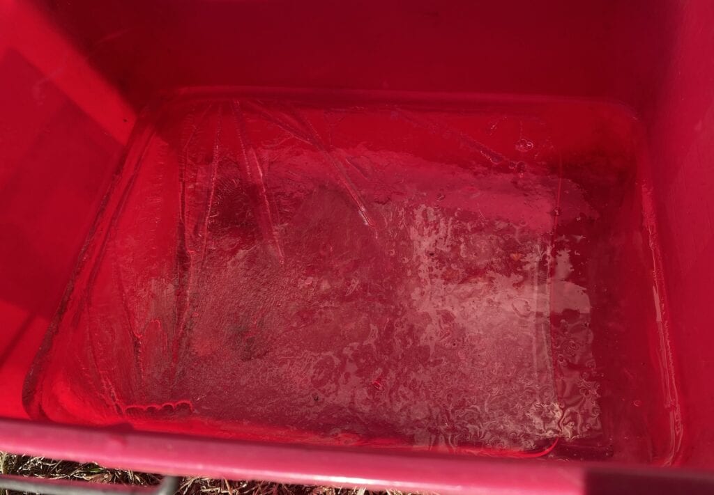 Ice in a water bucket after a heavy frost at Mount Moffatt, Carnarvon Gorge National Park, QLD.