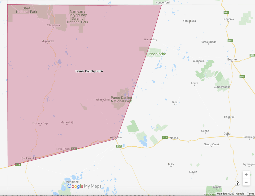 Map showing the approximate boundaries of Corner Country NSW.