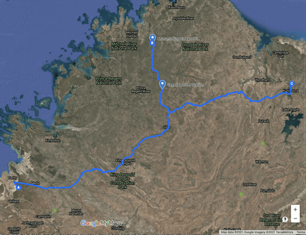 Map of Gibb River Road, Kimberley WA.