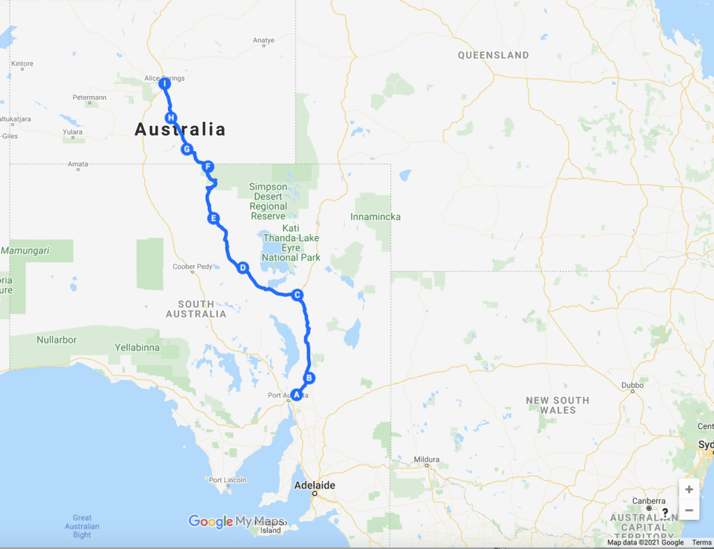 Map of The Old Ghan Rail Line, SA & NT.