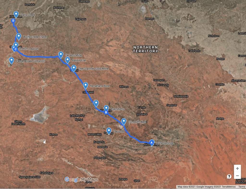 Map of the Tanami Road, NT & WA.