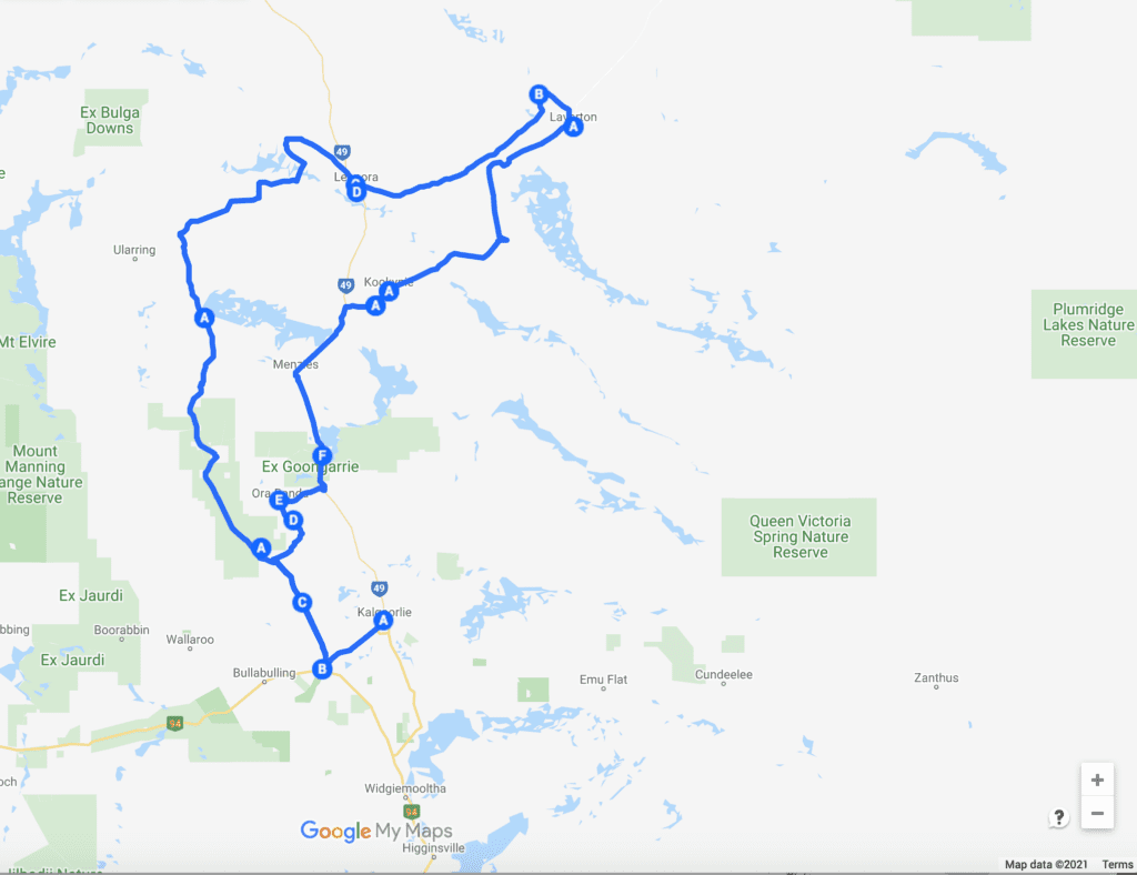 Map of the Goldfields Loop, Western Australia.