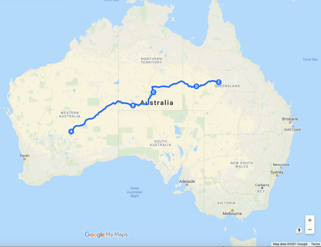 Map of The Outback Way, WA, NT & QLD.