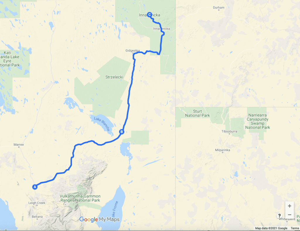 Map of The Strzelecki Track, South Australia.