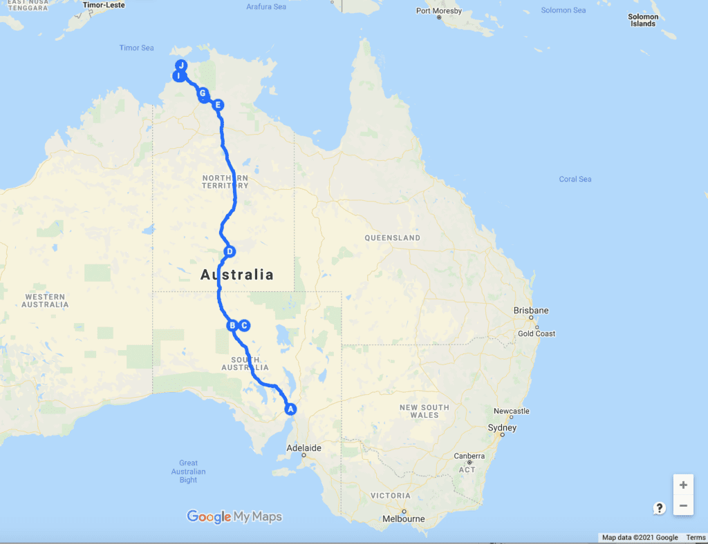 Map of The Stuart Highway, SA & NT.