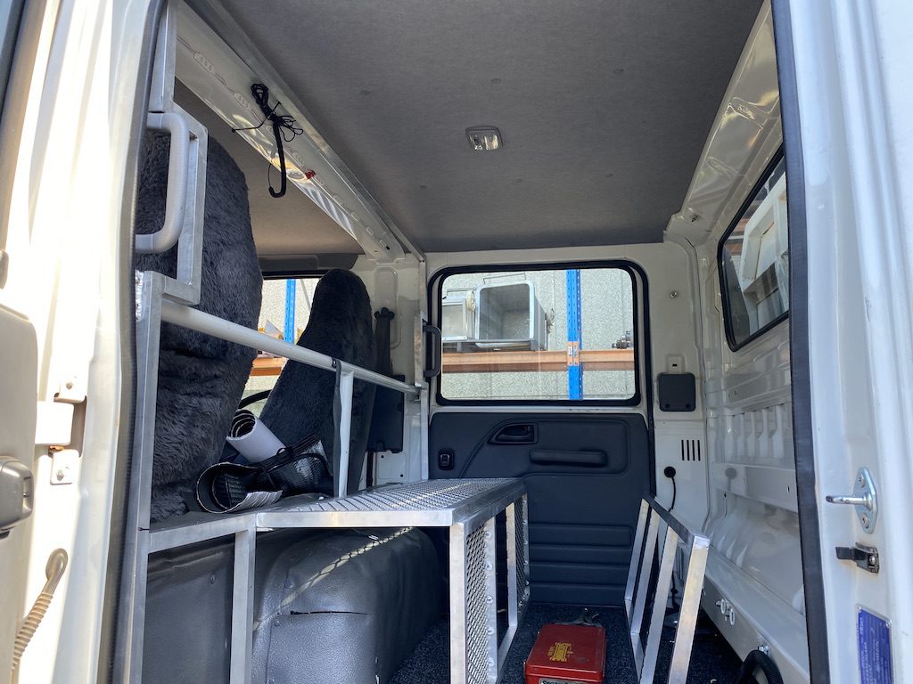 Step 1 of our storage shelf build in our Isuzu NPS crew cab.