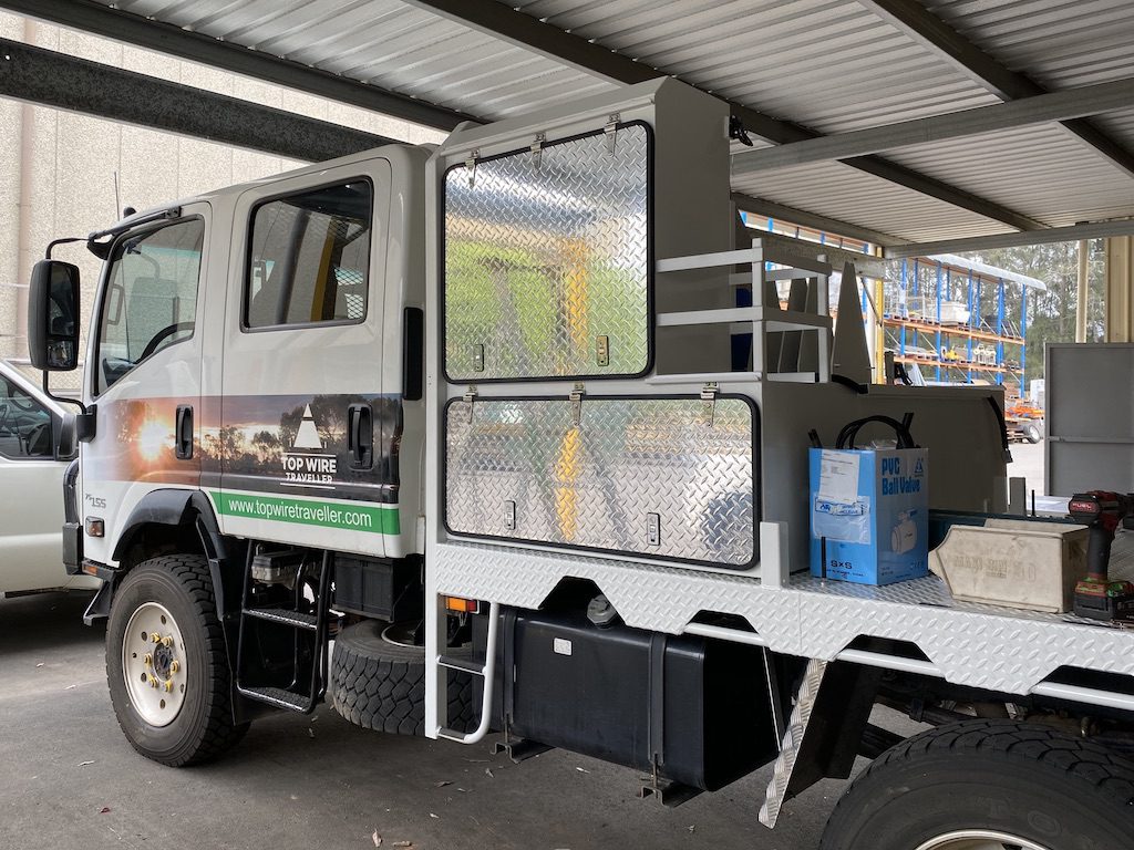 Wedgetail Camper doors on the new storage boxes on our Isuzu NPS crew cab.