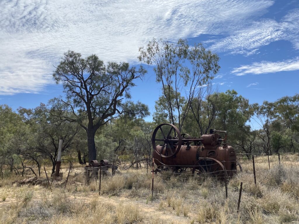 Water pump driven by a steam engine at Pump Hole Campground, Currawinya National Park QLD.